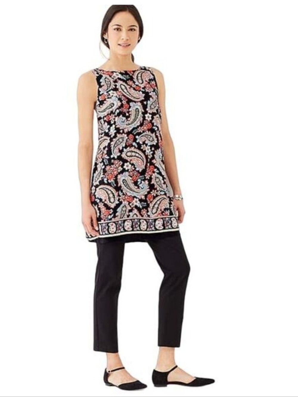 J. Jill sz‎ M Sleeveless Paisley Print Split Back Layered Long Tunic Top Rayon